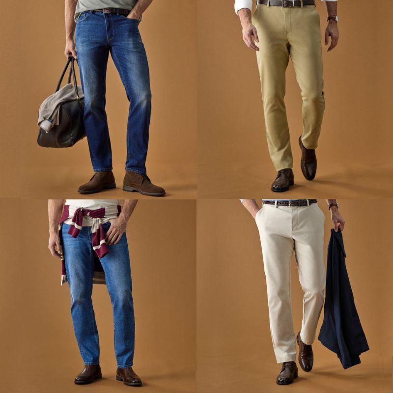Men wearing chinos, jeans and pants with brown background