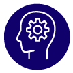 Line icon of a head with a cogwheel in the centre, symbolising critical thinking, brainstorming, and learning new things. Icon on dark blue circle