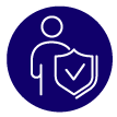 Line icon of a person holding a shield, symbolising protection and security. Icon on dark blue circle
