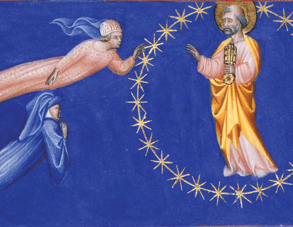 Dante and his guide, Beatrice, encounter St. Peter