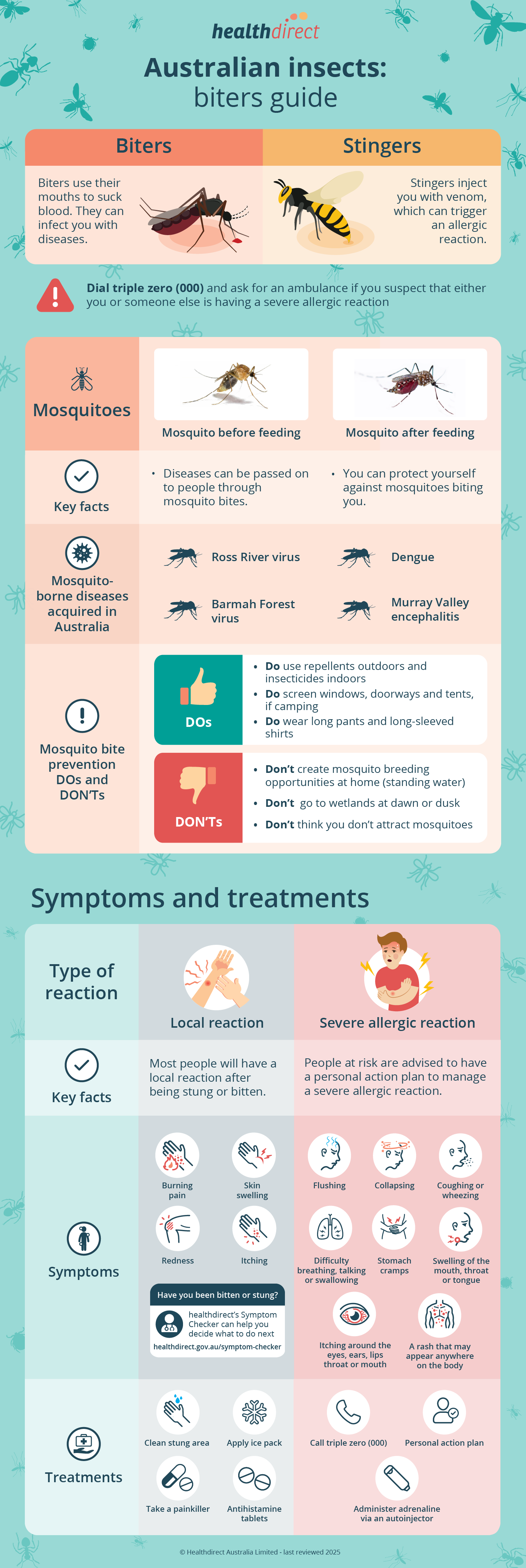 Infographic about the treatment and prevention of insect bites, including allergic reactions and disease risks.