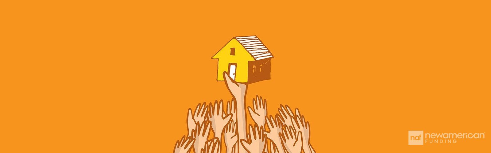 orange and yellow illustration of a house being held up above reaching hands