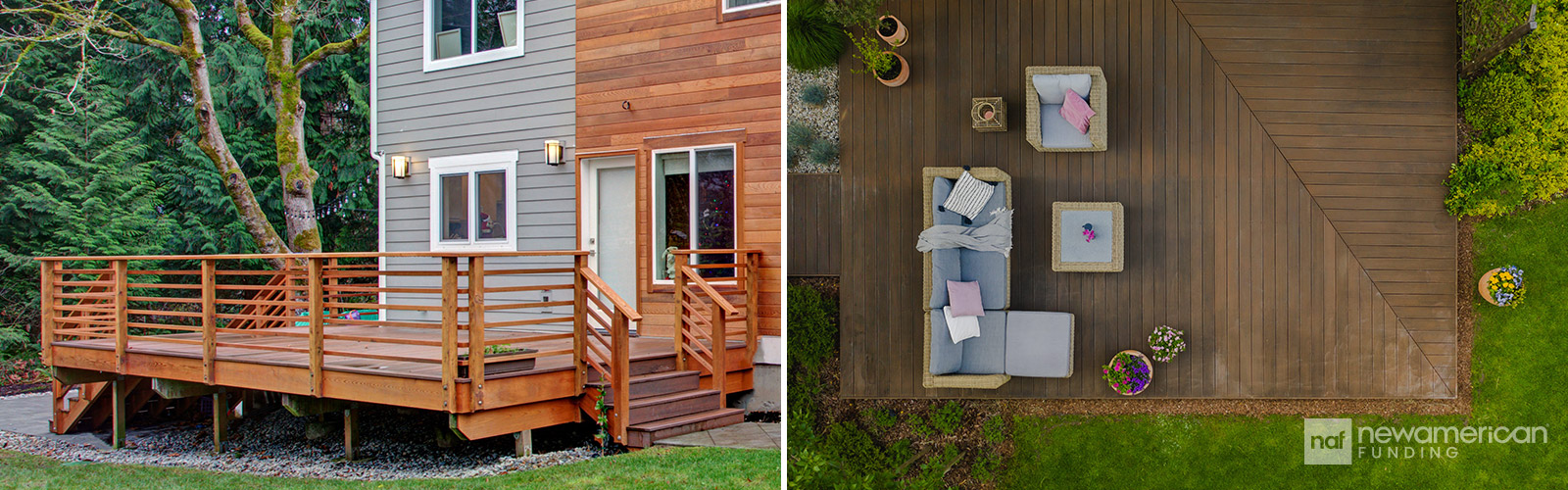An aerial view contrasting a deck and a patio