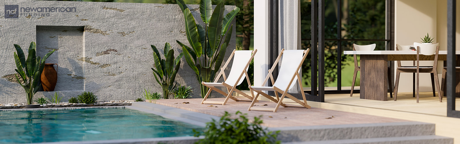 An outdoor pool surrounded by a grey stone patio 