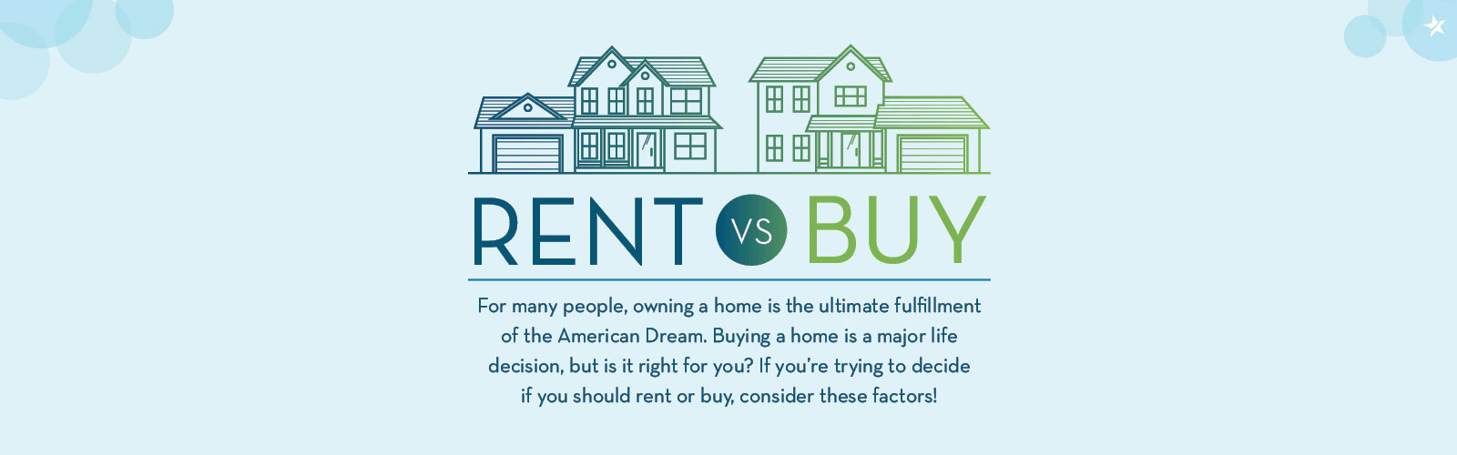 A graphic with Rent vs. Buy on it and a paragraph stating that homeownership is part of the American dream
