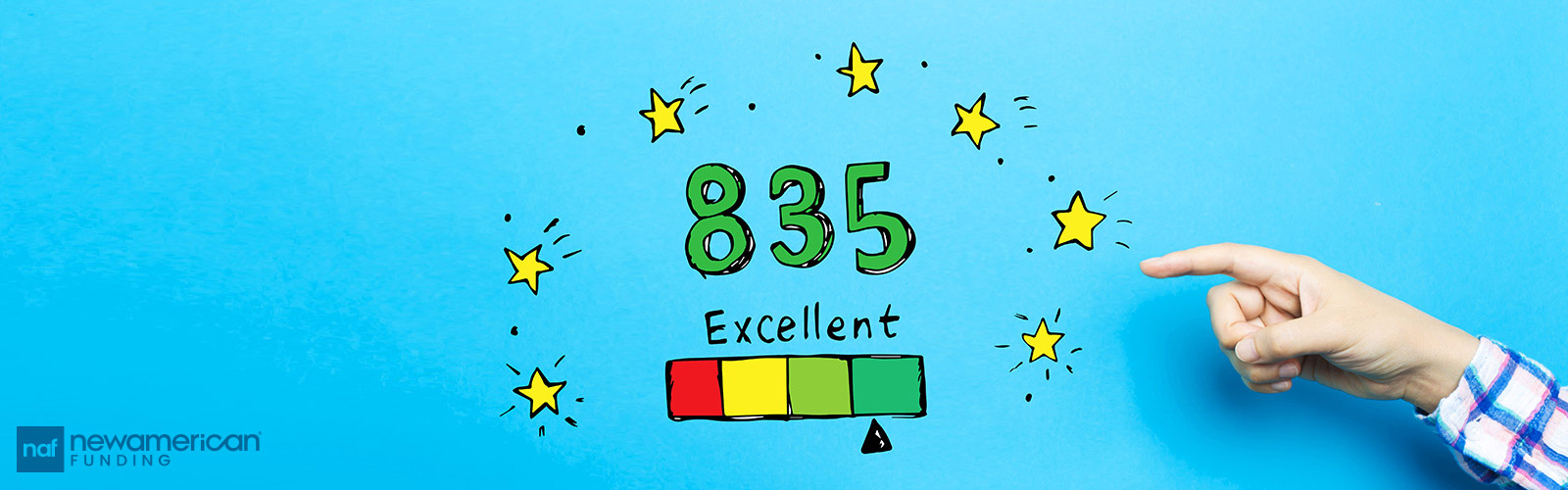 A graphic showing an excellent credit score of 835 surrounded by stars 