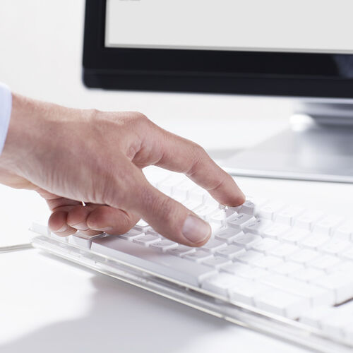 Professionnel de la vue Hoya tapant sur un clavier