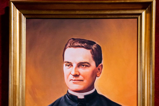 A portrait and relic of Blessed Michael McGivney are displayed at St. Mary’s Church in New Haven, Conn., on Nov. 1, 2020, the day after Father McGivney’s beatification. (Photo by Jake Belcher)