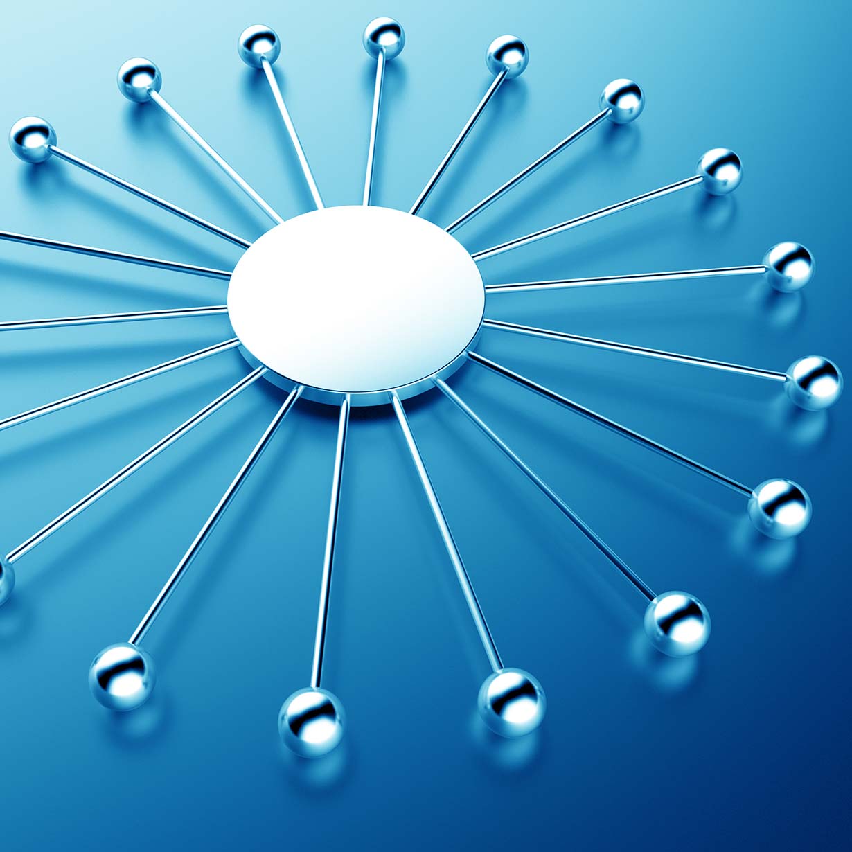 Abstract metallic hub with radiating rods and spheres, representing connectivity and central coordination.
