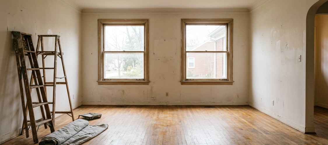A ladder up against the wall of a room with a drop cloth on the floor.