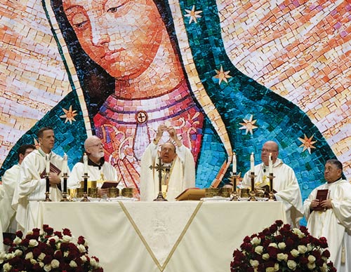 Supreme Chaplain Archbishop William Lori celebrates Mass at Life Fest. Cardinal Se&aacute;n O&rsquo;Malley, to his right, served as the homilist and concelebrated, together with several other bishops and dozens of priests. (Photo by Jeffrey Bruno)