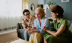 Prijateljici tolažita tretjo, ki je v stiski zaradi ločitve od dolgoletnega partnerja.