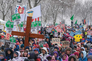 K of C “Love Life, Choose Life” signs are visible amid a colorful display of pro-life placards during the March for Life rally on the National Mall. (Photo by Matthew Barrick)