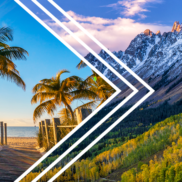 A split image of a Florida beach and the Rocky Mountains