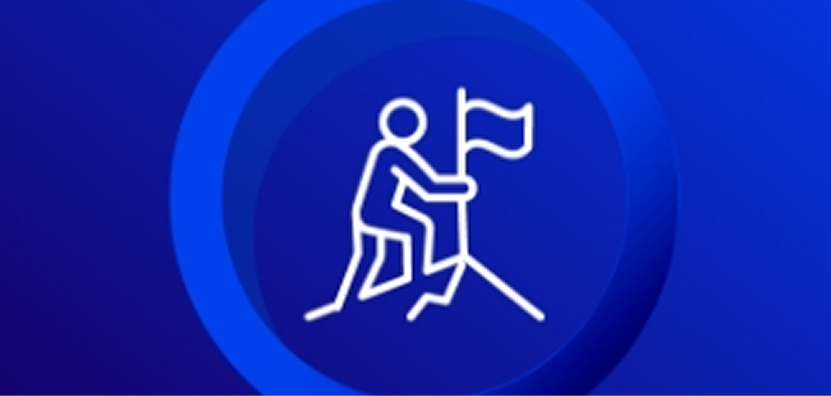Line-art icon of a figure planting a flag on a mountaintop, representing achievement or reaching a significant milestone, set against a dark blue background.