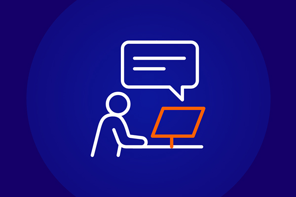 Line-art icon of a person sitting at a desk with an orange monitor, and a speech bubble with text lines above their head, representing submitting an application or communicating online, set against a dark blue background.