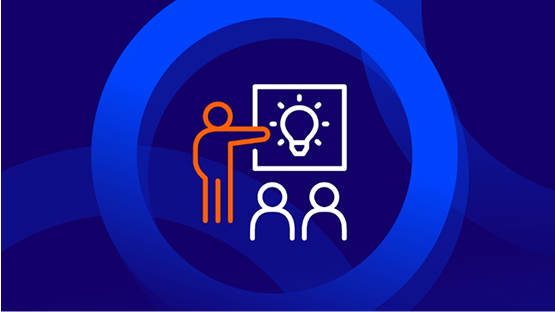 An icon of a person with an orange outline pointing to a board with a lightbulb idea illustration on it, in front of two white outline people sitting down. This represents training, credentials, or assessment.