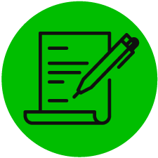 Icon that looks like a long piece of paper with text, combined with pen writing on it, icon is placed in lime coloured circle with the icon outlined in white