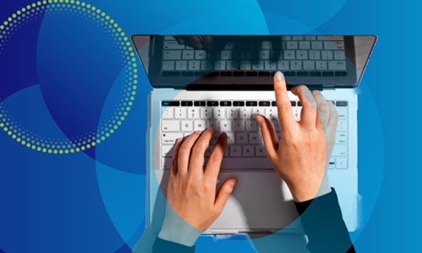 An overhead shot of hands typing on a laptop keyboard. The image is overlaid with blue circular graphics and yellow-green dotted lines. This represents online learning or digital work.