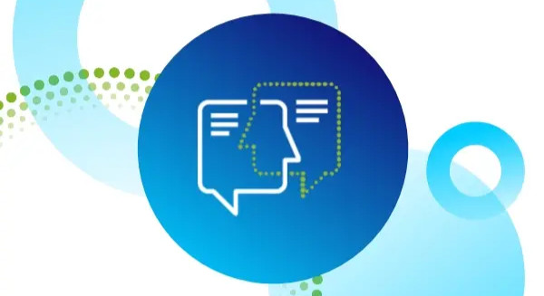 Graphic representing communication and negotiation skills — two overlapping speech bubbles forming a human profile inside a blue circle, symbolizing dialogue, understanding, and interpersonal connection, set against abstract circular blue and green design elements.