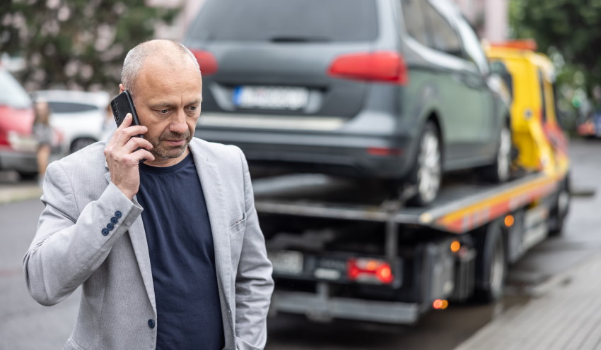 Zaposleni na sliki telefonira, medtem ko je avtovleka naložila in odpeljala njegov službeni avto zaradi okvare po nesreči.