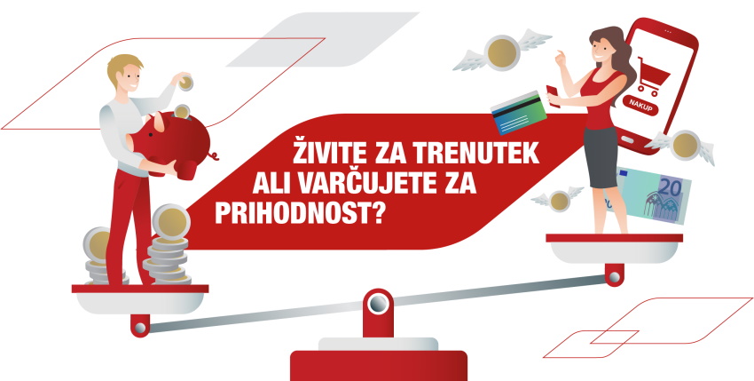 Grafika dveh nasprotujočih finančnih osebnosti na tehtnici z napisom: Živite za trenutek ali varčujete za prihodnost?