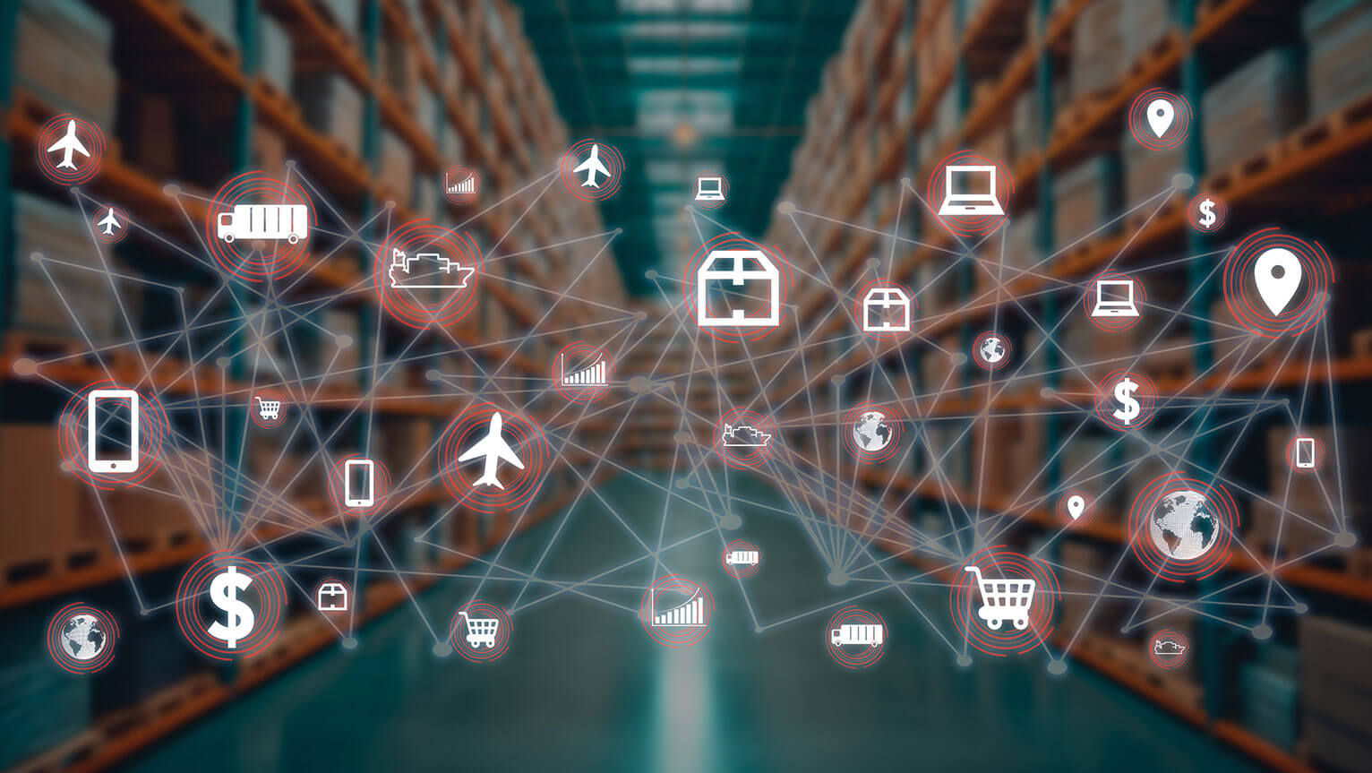 Abstract image of data icons floating in a warehouse.