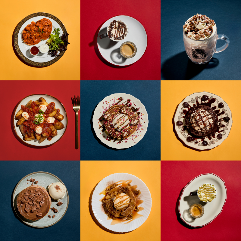 A 3x3 grid of Winter Parlour Menu dishes, including Tim Tam Pancakes, Rocky Road Pancakes, Black Forest Pancakes, Apple and Walnut Pancakes, Patatas Bravas, Butter Chicken Mini Pancakes, plus Fudge and Pistachio Affogatos.