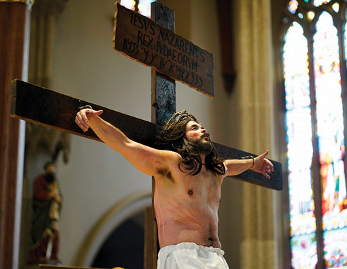 The Via Crucis concludes in Paterson&rsquo;s Cathedral of St. John the Baptist with the crucifixion. (Photo by Greg Shemitz)