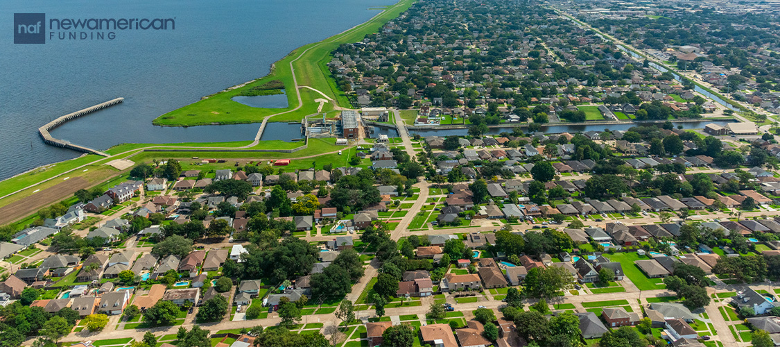 An aerial shot of Massachusetts on the water.