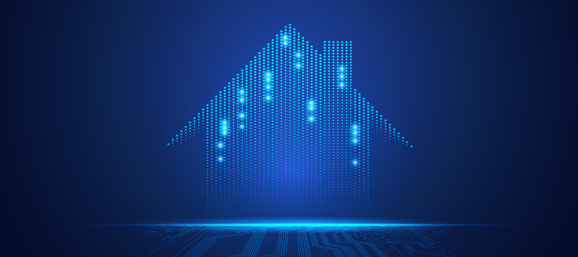 The outline of a blue home with pixels falling.