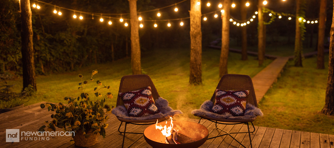 Lights strung up outdoors above two chairs in the evening.
