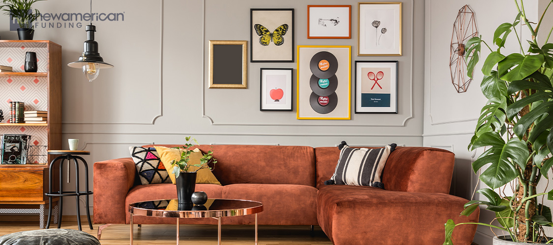 A gallery wall in a living room.