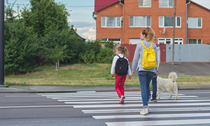 Mama z dvema osnovnošolskima otrokoma in psom na prehodu za pešce prečka cesto na poti v šolo.