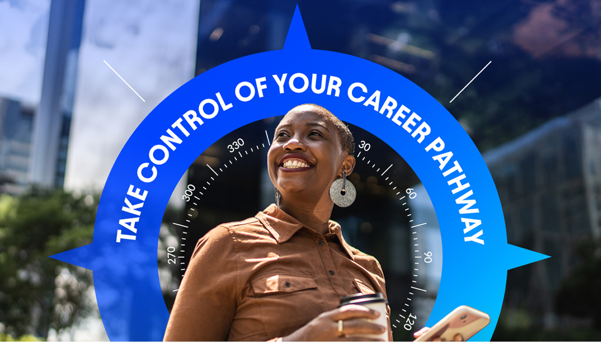 A smiling person looks upward and toward the right, framed by a large blue compass graphic. The person has short hair, is wearing a brown button-up shirt and large circular earrings, and holds a coffee cup and a smartphone. The compass overlay features the text 'TAKE CONTROL OF YOUR CAREER PATHWAY' in white capital letters. The background shows a blurred urban setting with modern glass buildings and greenery.