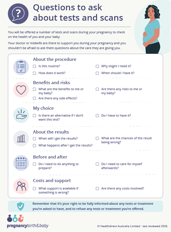 Checklist of question to ask your doctor or midwife about tests and scans during pregnancy.