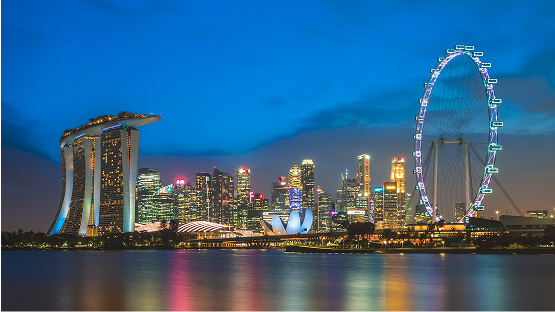 Singapore skyline at night with Marina Bay Sands and Singapore Flyer, representing Asia region
