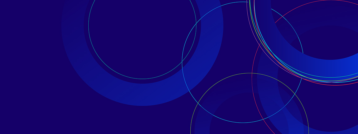Dark blue abstract background with overlapping transparent circles and ring patterns.