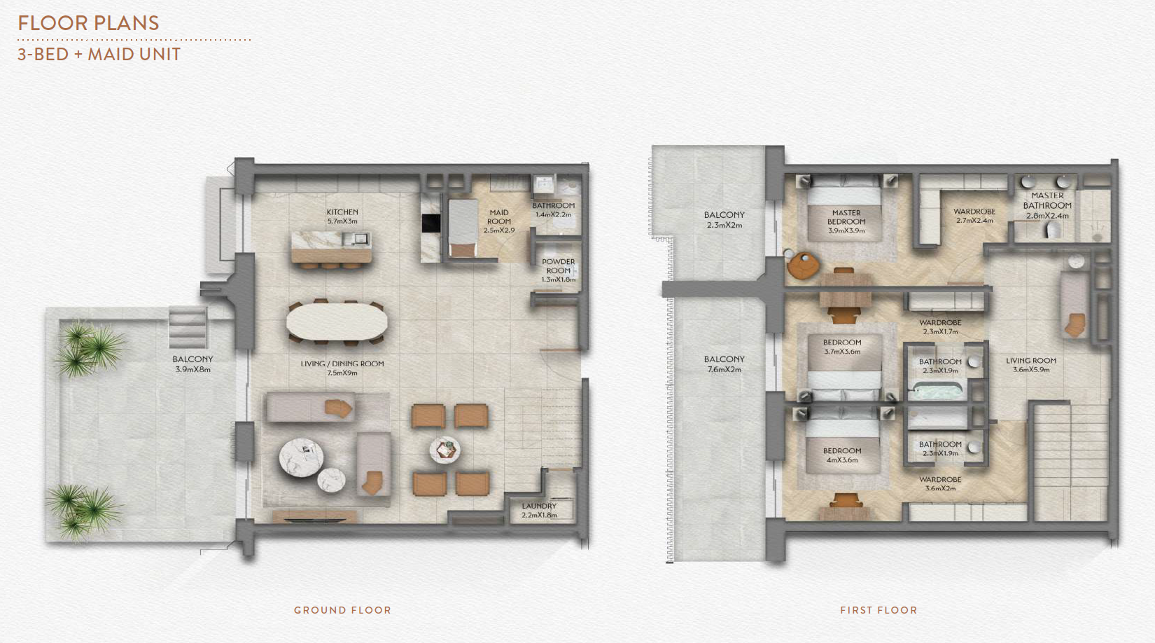 Sama Yas 3 bedroom plus maid typea floor plan