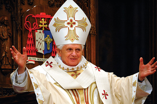Pope Benedict XVI gestures during Mass at St. Patrick’s Cathedral on April 19, 2008. During his homily, he acclaimed the exemplary witness of Father Michael McGivney, whose decree of heroic virtue he approved one month earlier, on March 15.