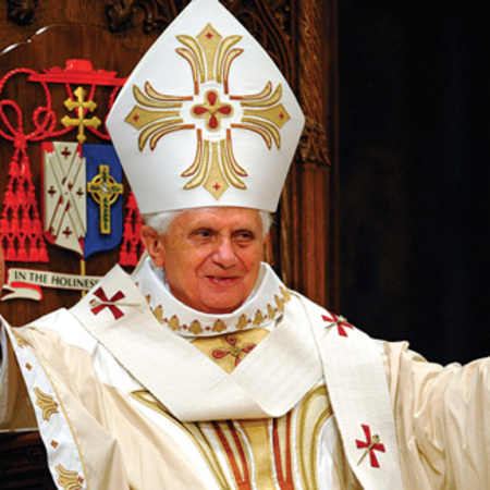 Pope Benedict XVI gestures during Mass at St. Patrick’s Cathedral on April 19, 2008. During his homily, he acclaimed the exemplary witness of Father Michael McGivney, whose decree of heroic virtue he approved one month earlier, on March 15.