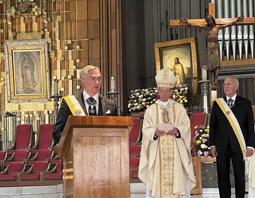 Supreme Knight Patrick Kelly delivers remarks before reconsecrating the Order to Our Lady of Guadalupe at the basilica named in her honor in Mexico City