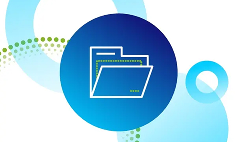 Icon of an open file folder on a blue circular background with abstract blue and green ring patterns, representing document or contract management