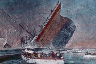 An illustration by an unknown artist depicts the RMS Titanic as it sinks April 15, 1912, some 370 nautical miles off the coast of Newfoundland. (United Archives/Carl Simon/Bridgeman Images)
