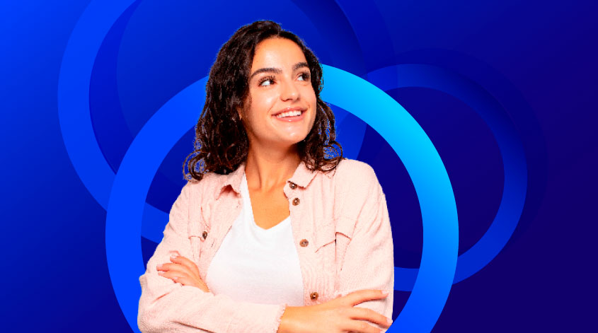 Smiling young woman in confident pose, decorative circles in background