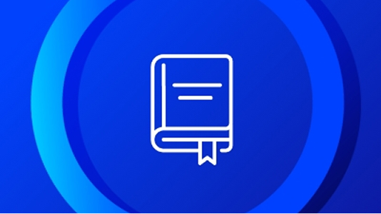 White outline icon of a closed book with a bookmark, centered within concentric blue rings on a dark blue background.