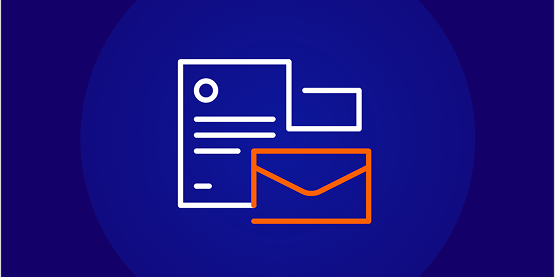 Line-art icon depicting various documents and an orange envelope, representing information and communication resources or a support hub, set against a dark blue background.