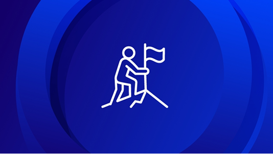 A white line-art icon on a blue background showing a stylized person climbing to the peak of a mountain and planting a flag, symbolizing career advancement or reaching a goal.