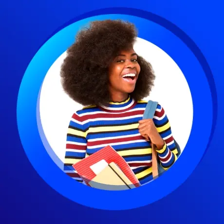 Smiling student with an afro hairstyle, wearing a brightly striped turtleneck and carrying notebooks and a backpack strap, framed in a bold blue circle