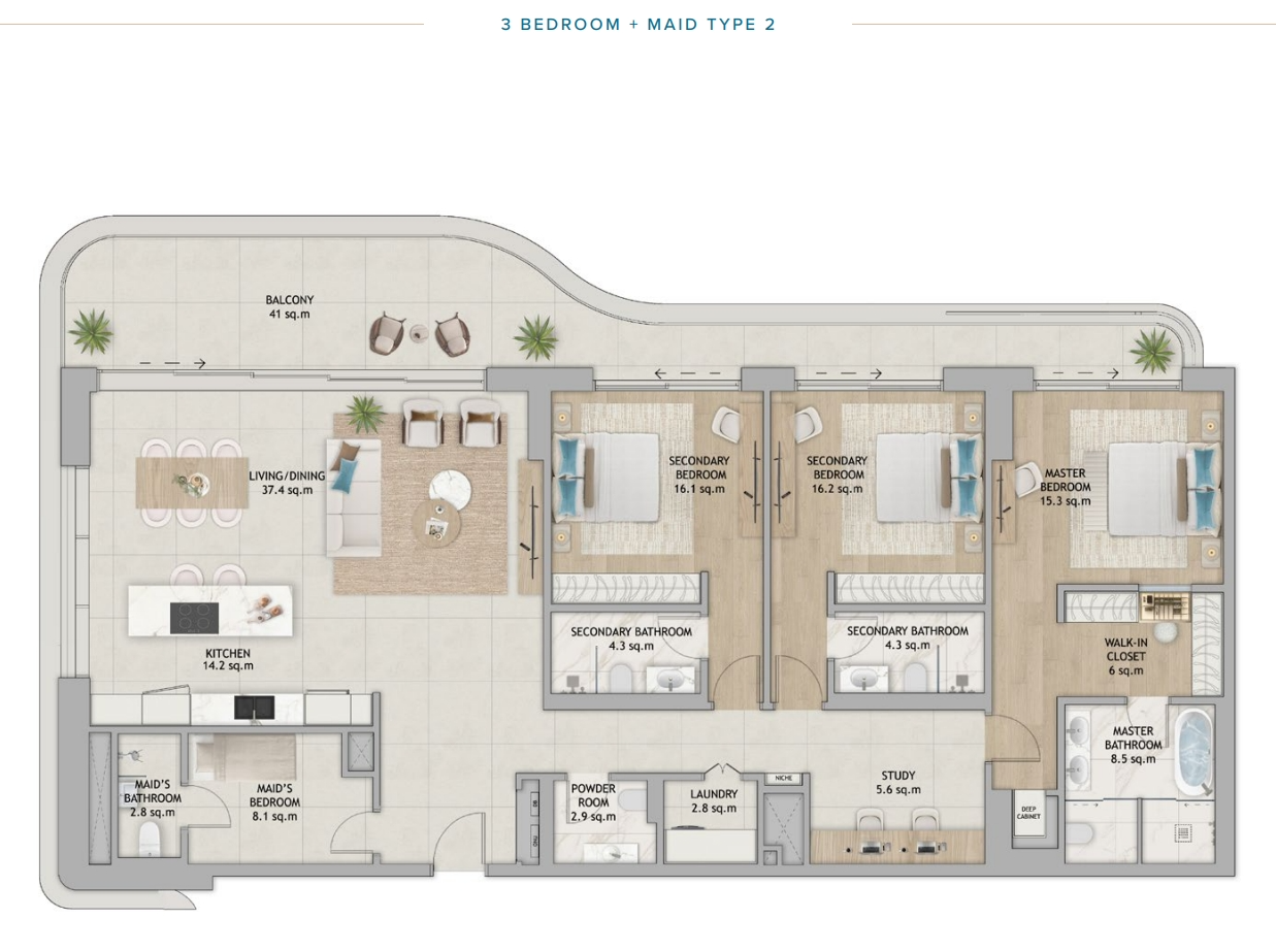 Fahid Beach Terraces Terraces apartment 3 bedroom type2 maid floor plan